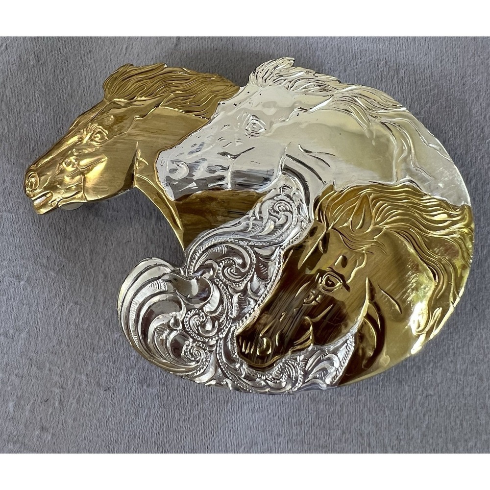 VTG Crumrine 50 YEARS Western Belt Buckle Three Horse Silver‎ Plate on Bronze